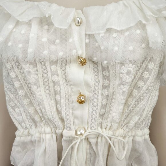 THE KOOPLES Feminine Embroidered Whiteโ Ruffled Crop Sheer Blouse Frilled Top S - Picture 6 of 14